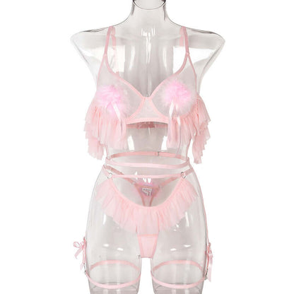 Pink Pleated Mesh Lingerie Set