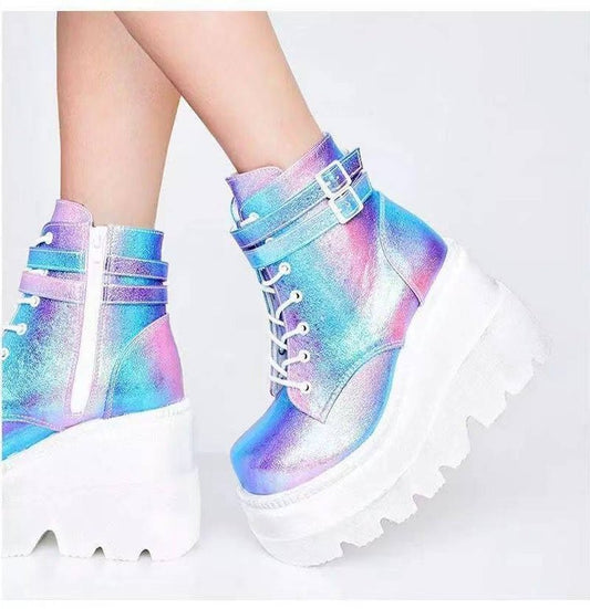 Multi Color Metallic Ankle High Platform Boots