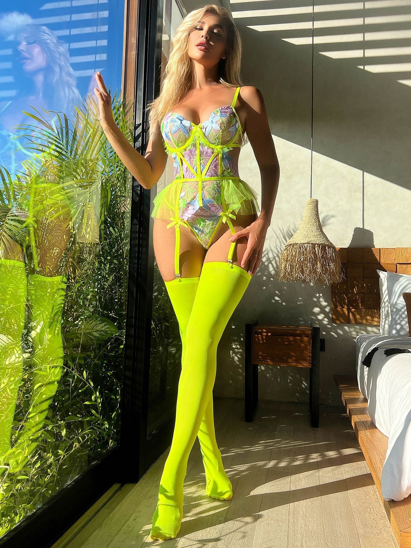 Neon Dreams Floral Bodysuit Set With Stockings