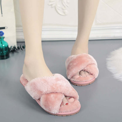 Cross Open-Toe Fur Slippers