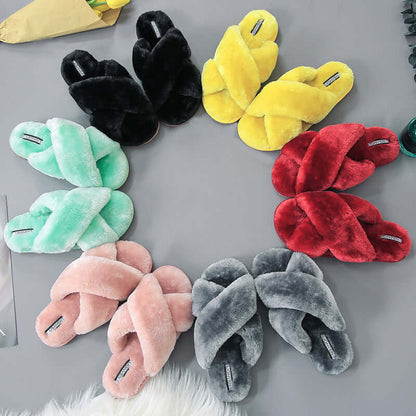 Cross Open-Toe Fur Slippers