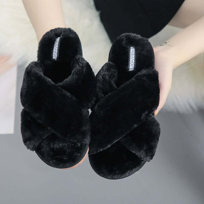 Cross Open-Toe Fur Slippers