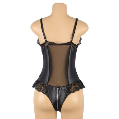 Lace Leather Stitched Zipper Bodysuit