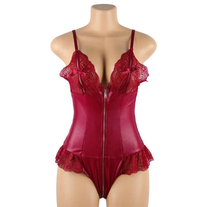 Lace Leather Stitched Zipper Bodysuit