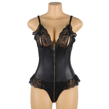 Lace Leather Stitched Zipper Bodysuit