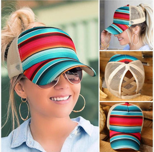 Printed Ponytail Baseball Cap, Sunflower/Stripes