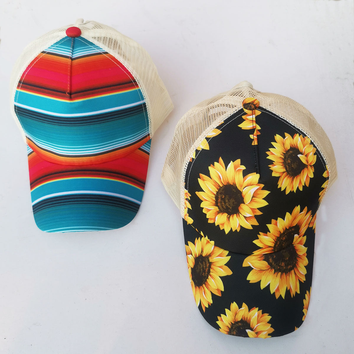 Printed Ponytail Baseball Cap, Sunflower/Stripes