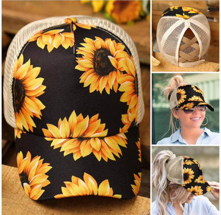 Printed Ponytail Baseball Cap, Sunflower/Stripes