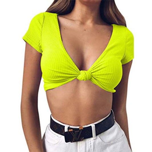 Knotted, Deep V-neck Short Sleeve Crop