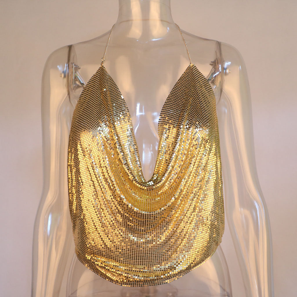 Metallic Sequined Sling Deep V Umbilical Vest