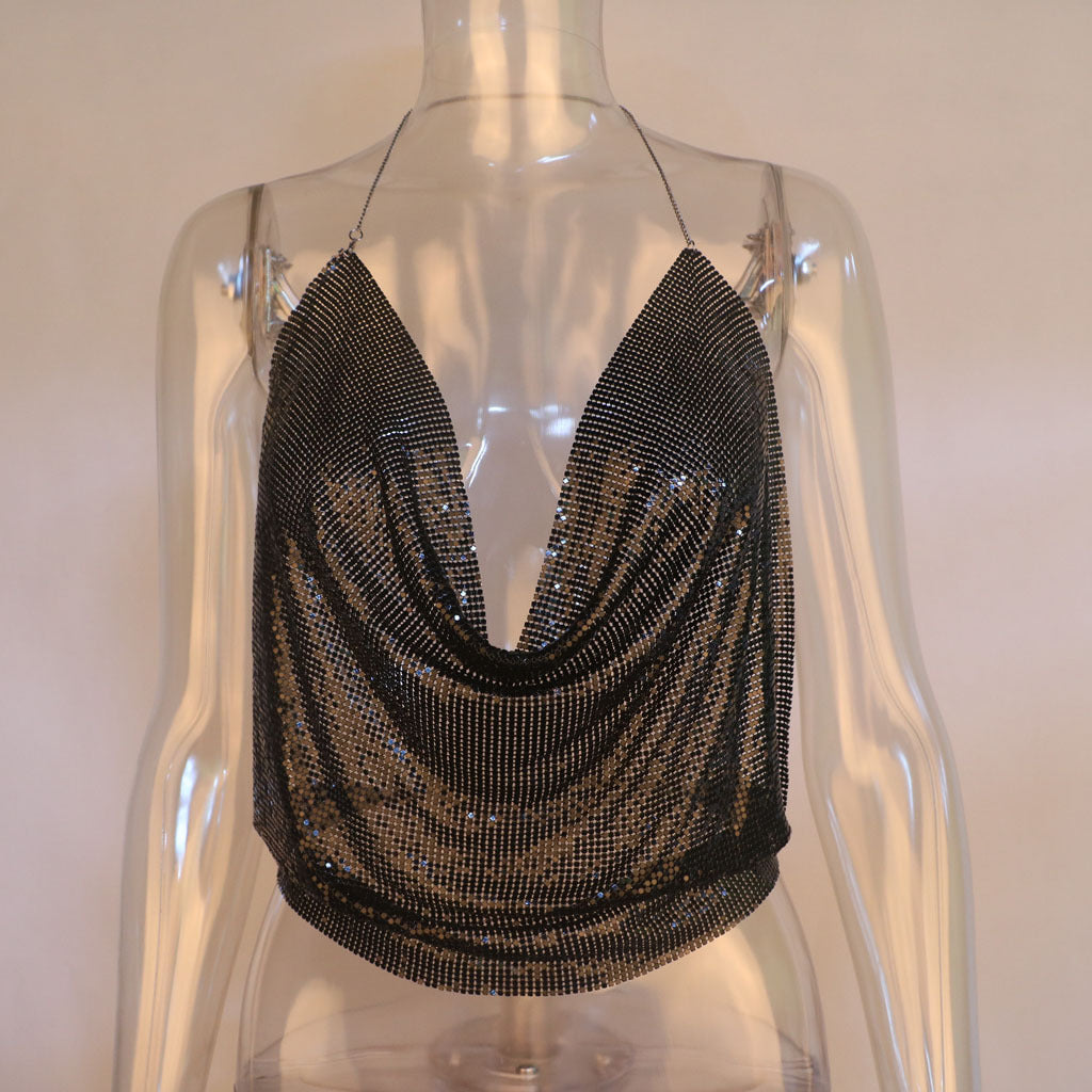 Metallic Sequined Sling Deep V Umbilical Vest