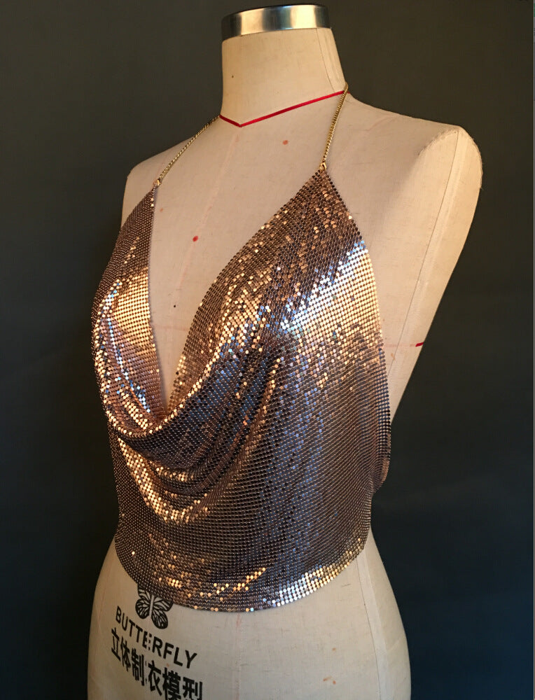 Metallic Sequined Sling Deep V Umbilical Vest