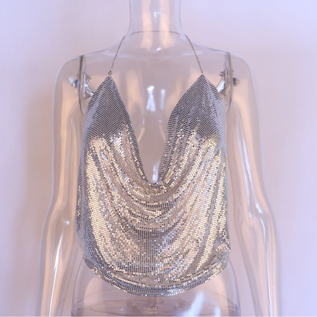 Metallic Sequined Sling Deep V Umbilical Vest