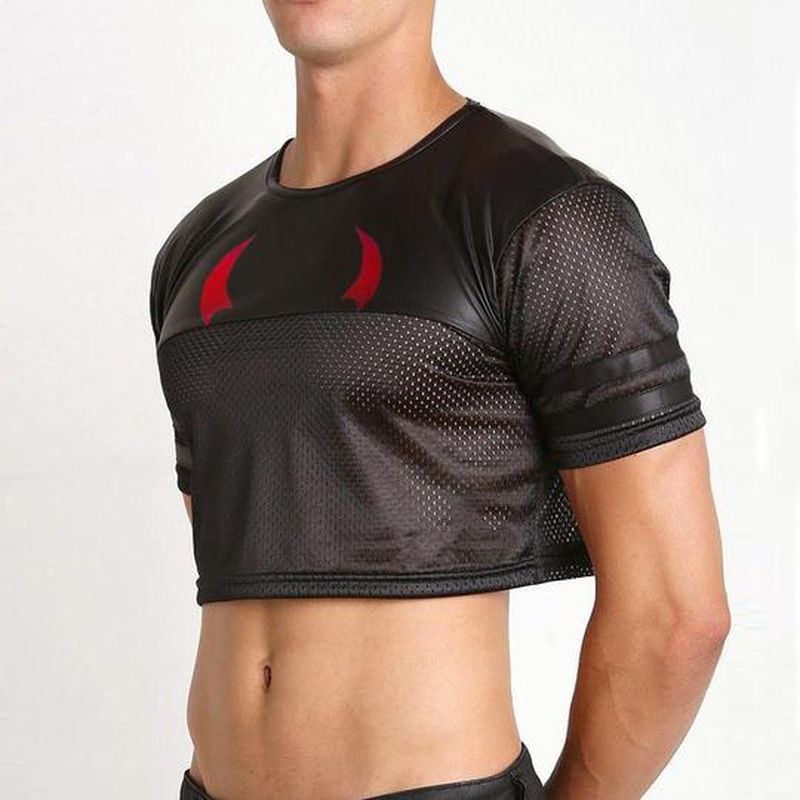 Leather Mesh Panel Half T-Shirt