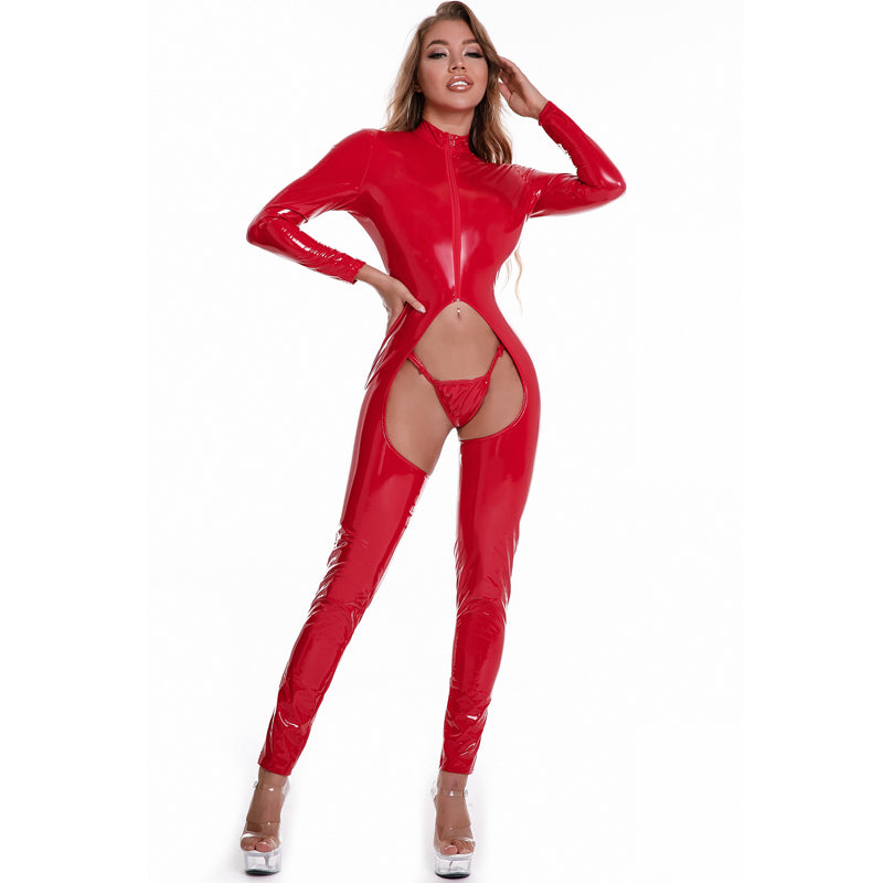 Skinny Mirror PVC Crotch Leather One Piece Bodysuit Set