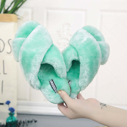 Cross Open-Toe Fur Slippers