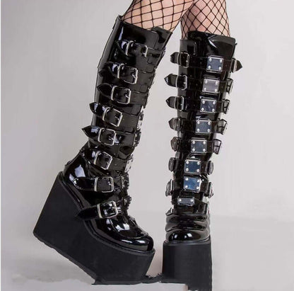 Metallic Belt Buckle Thick-soled High Boots Women