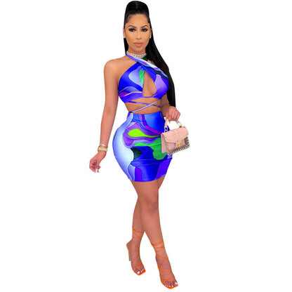 Printed Halter Two-Piece Dress