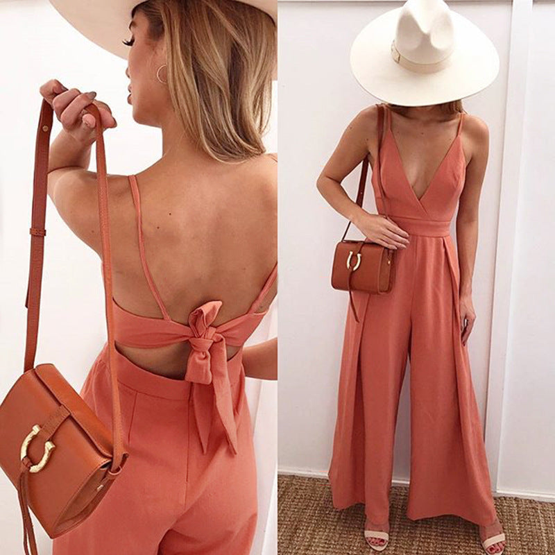 Sexy Deep V Neck Sling Wide Leg Women's Jumpsuit