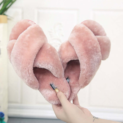 Cross Open-Toe Fur Slippers