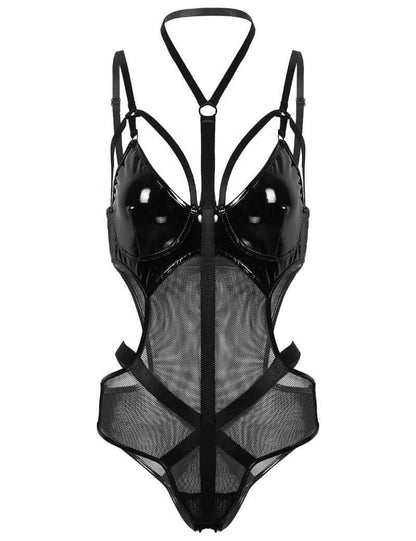 Mesh & Faux Leather PU Halter One Piece Lingerie