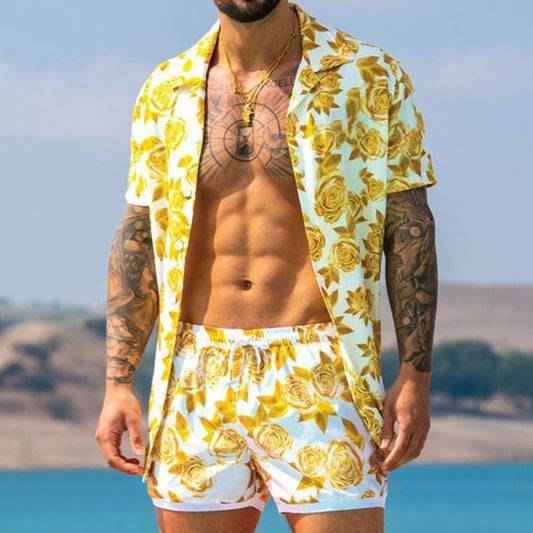 Golden Flower Button Down Shorts Suit