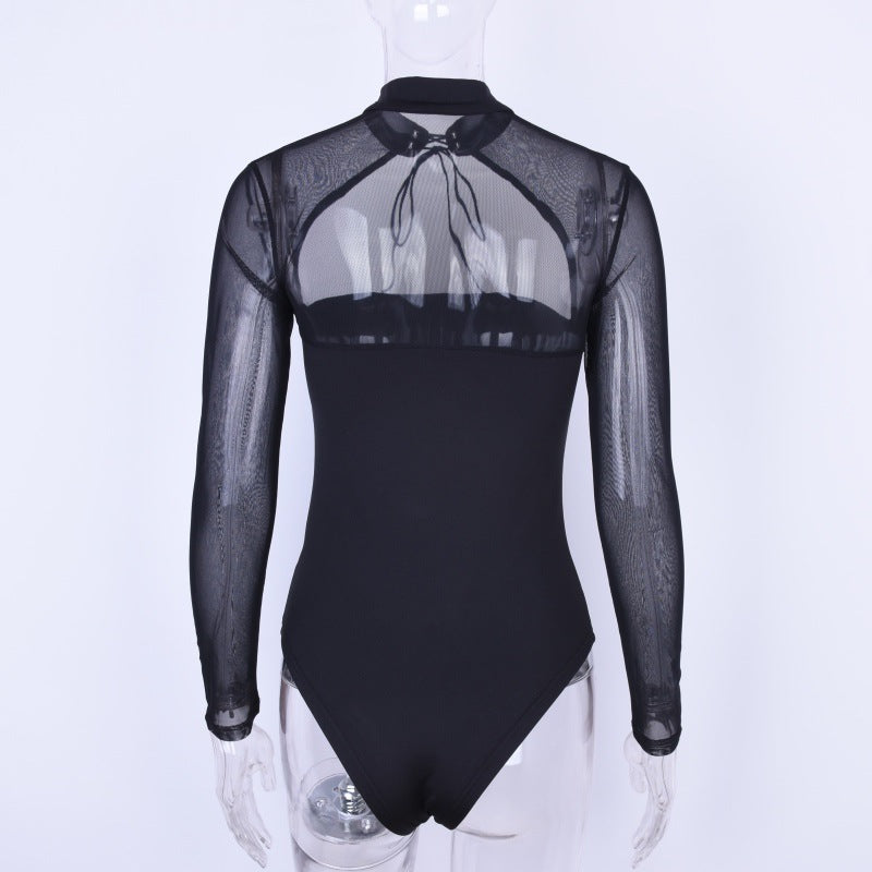 Black, Stand-up Collar, Long-sleeved, Hollow Mesh One-piece