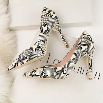 Snake Pattern Pointed Thin High Heels