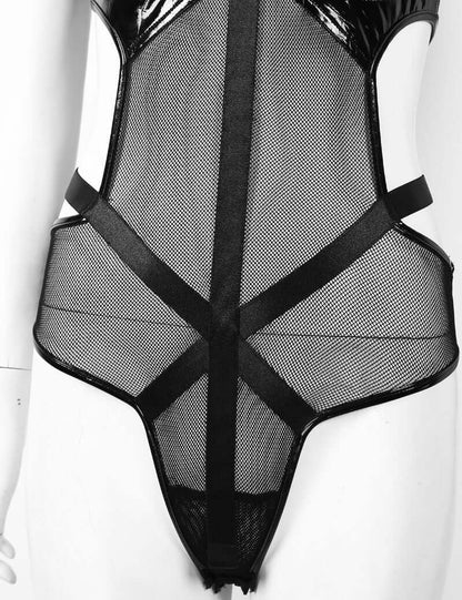 Mesh & Faux Leather PU Halter One Piece Lingerie