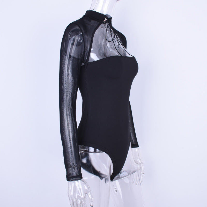 Black, Stand-up Collar, Long-sleeved, Hollow Mesh One-piece