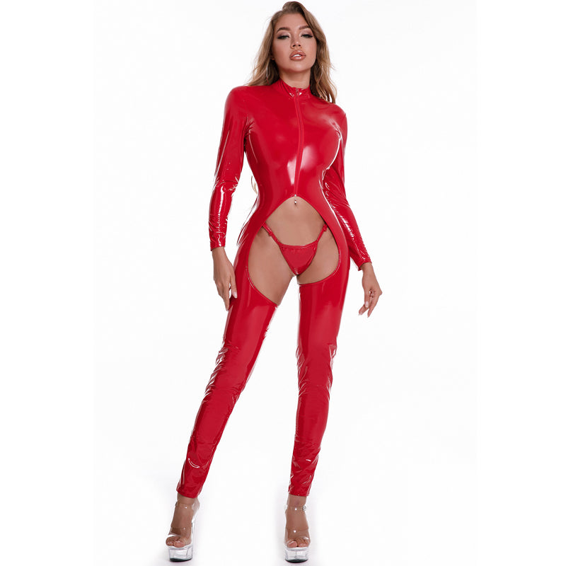 Skinny Mirror PVC Crotch Leather One Piece Bodysuit Set