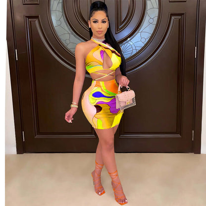 Printed Halter Two-Piece Dress