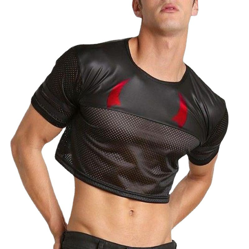 Leather Mesh Panel Half T-Shirt