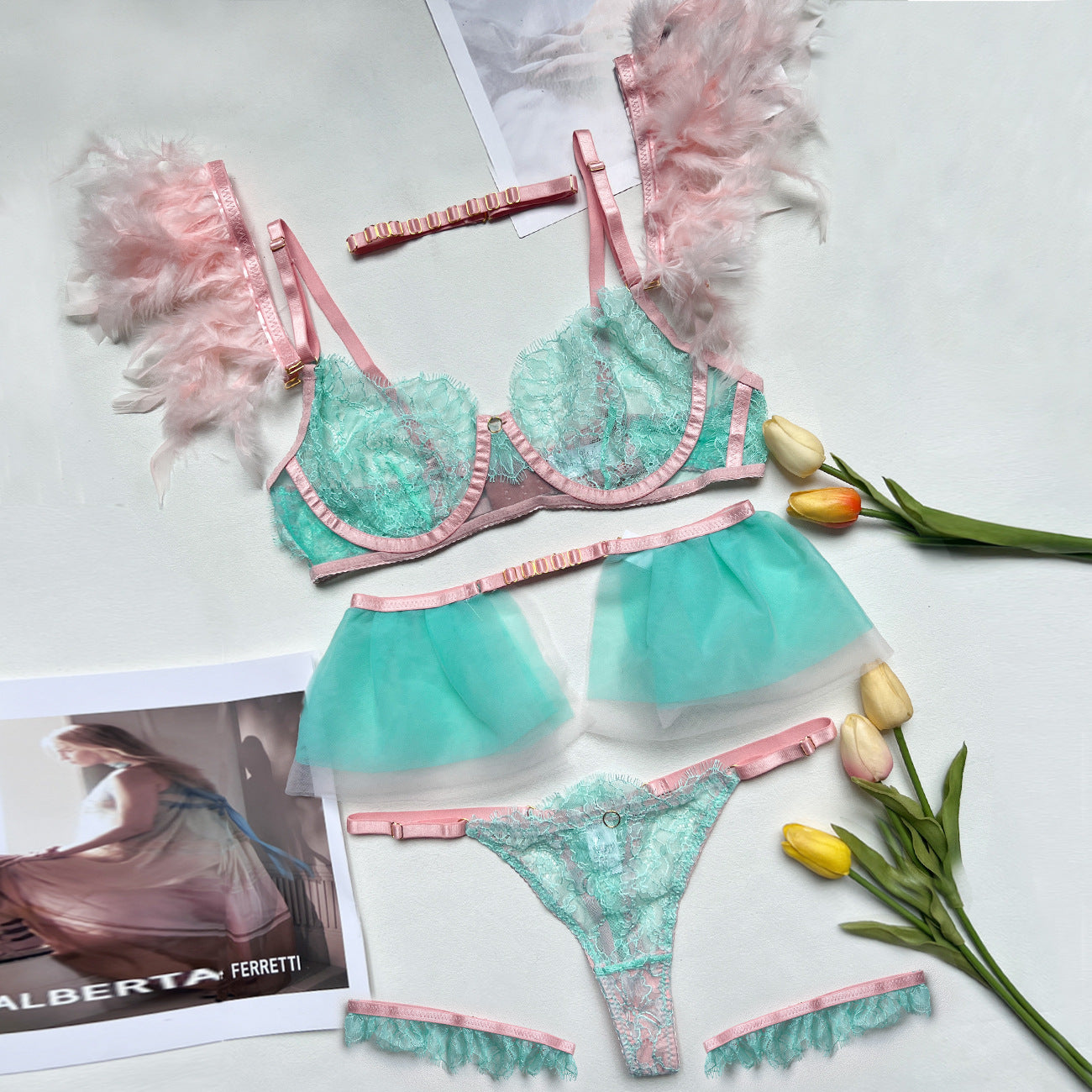 Flyaway Spliced Lace Lingerie Set