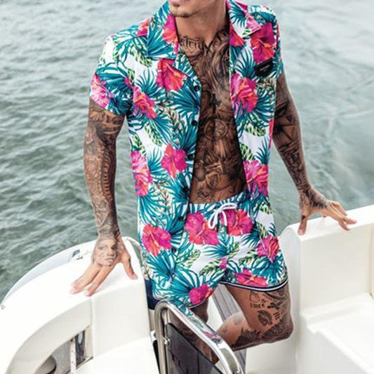 Men's Tropical Pink Flower Shorts & Short Sleeve Suit