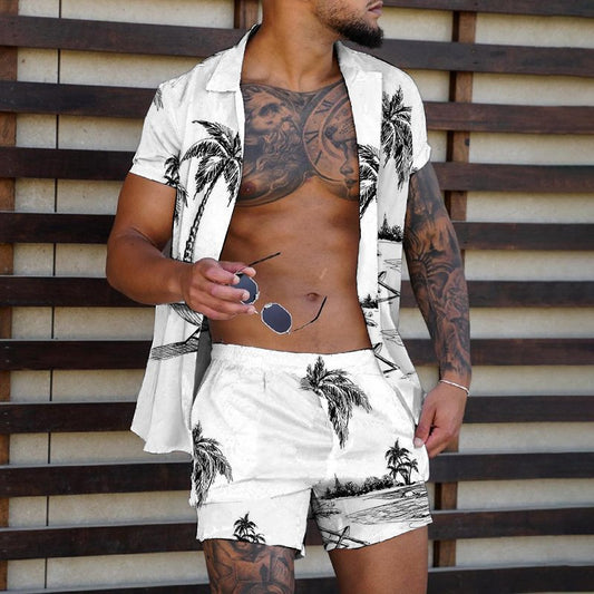 Men's Black and White Palm Tree Shorts & Short Sleeve Suit