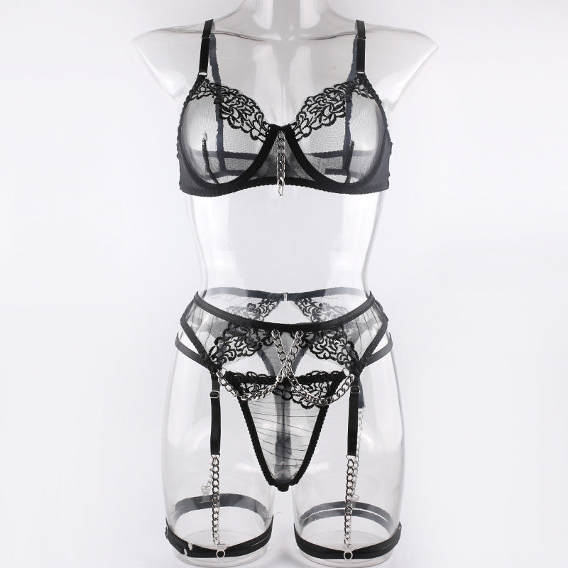 Embroidered Metal Chain Lingerie Set