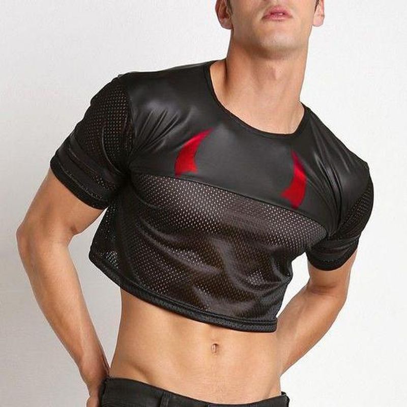 Leather Mesh Panel Half T-Shirt