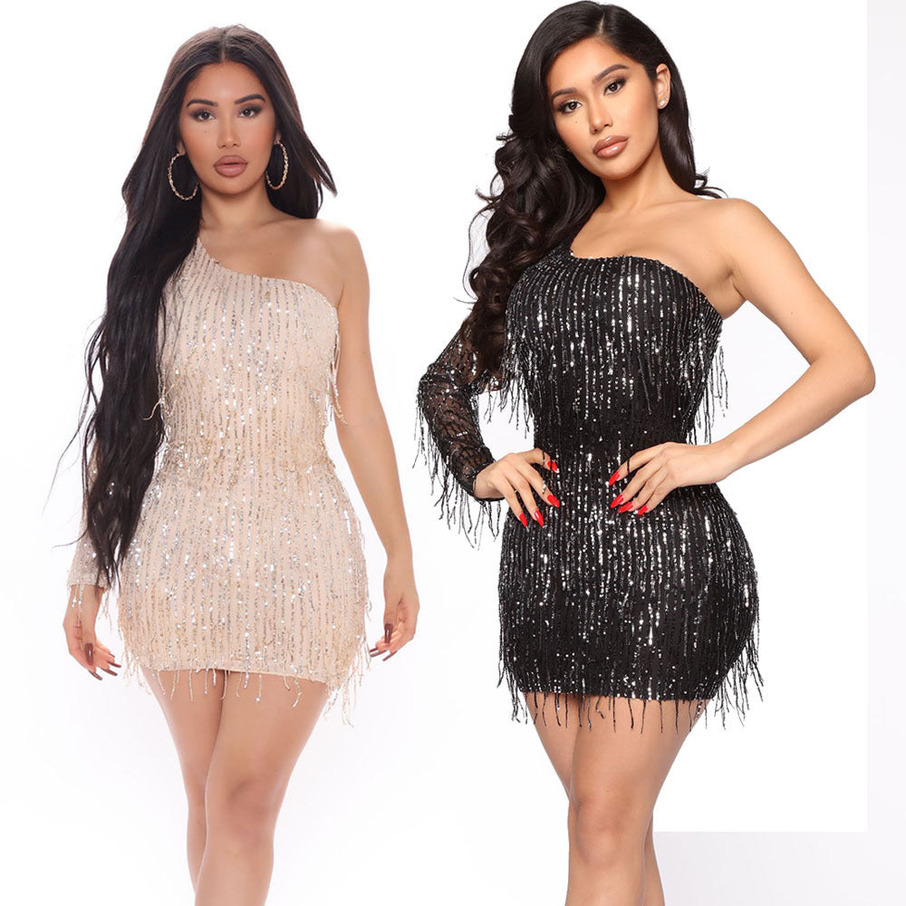 Off-the-shoulder Sequined Fringed Dress